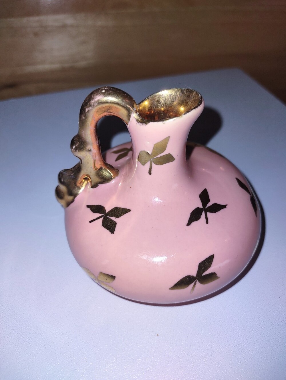 Pink & Gold Vintage Le Pere Pottery Porcelain Pitcher Vase 22KG Painted Leaves
